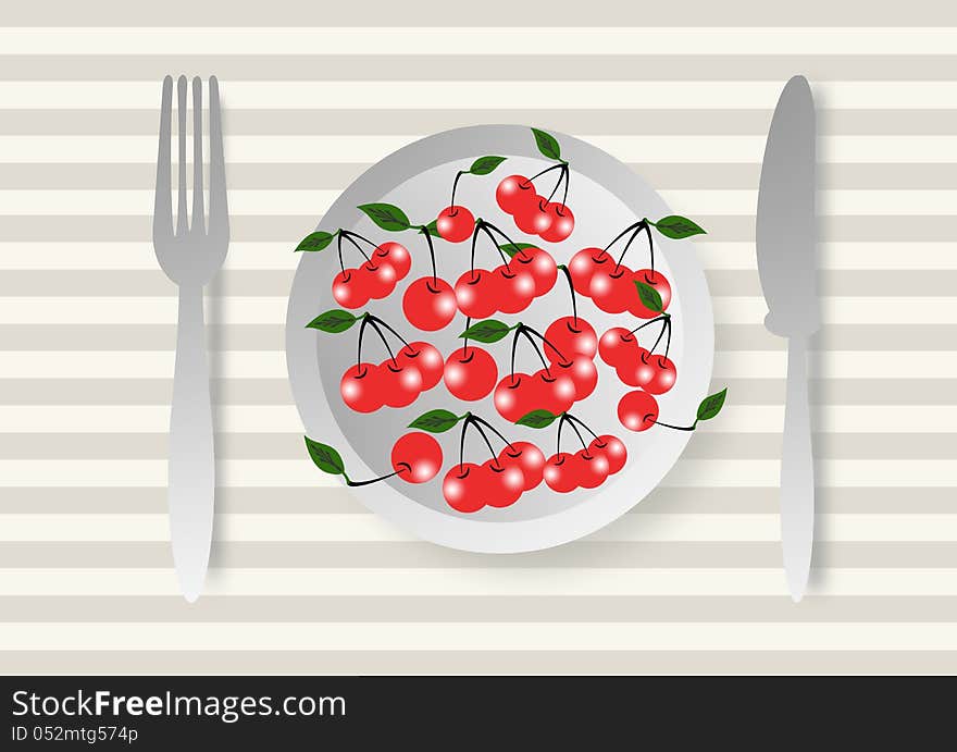 Table prepared with a dish of cherries