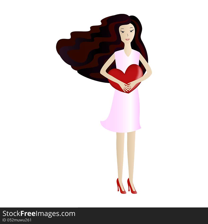 Girl holding heart, vector illustration