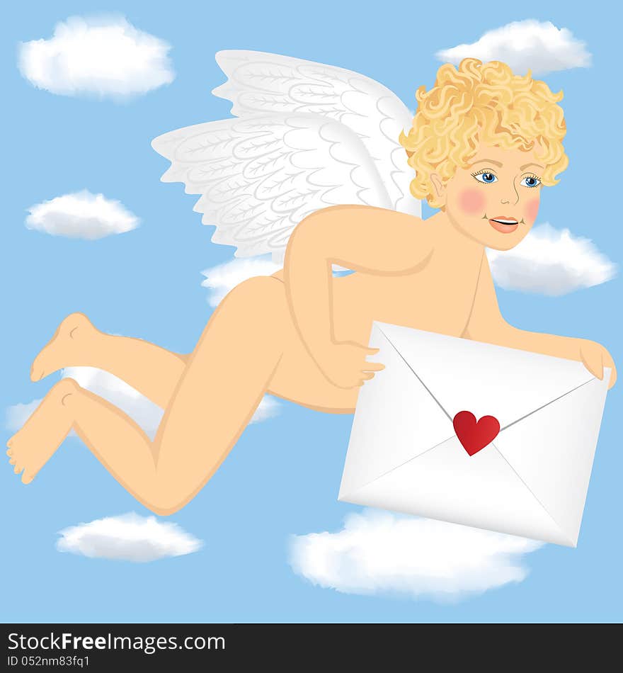 Cupid fly with love letter in the sky