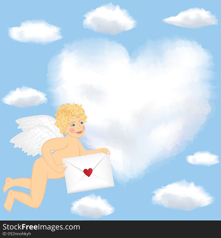 Cupid fly with love letter in the sky