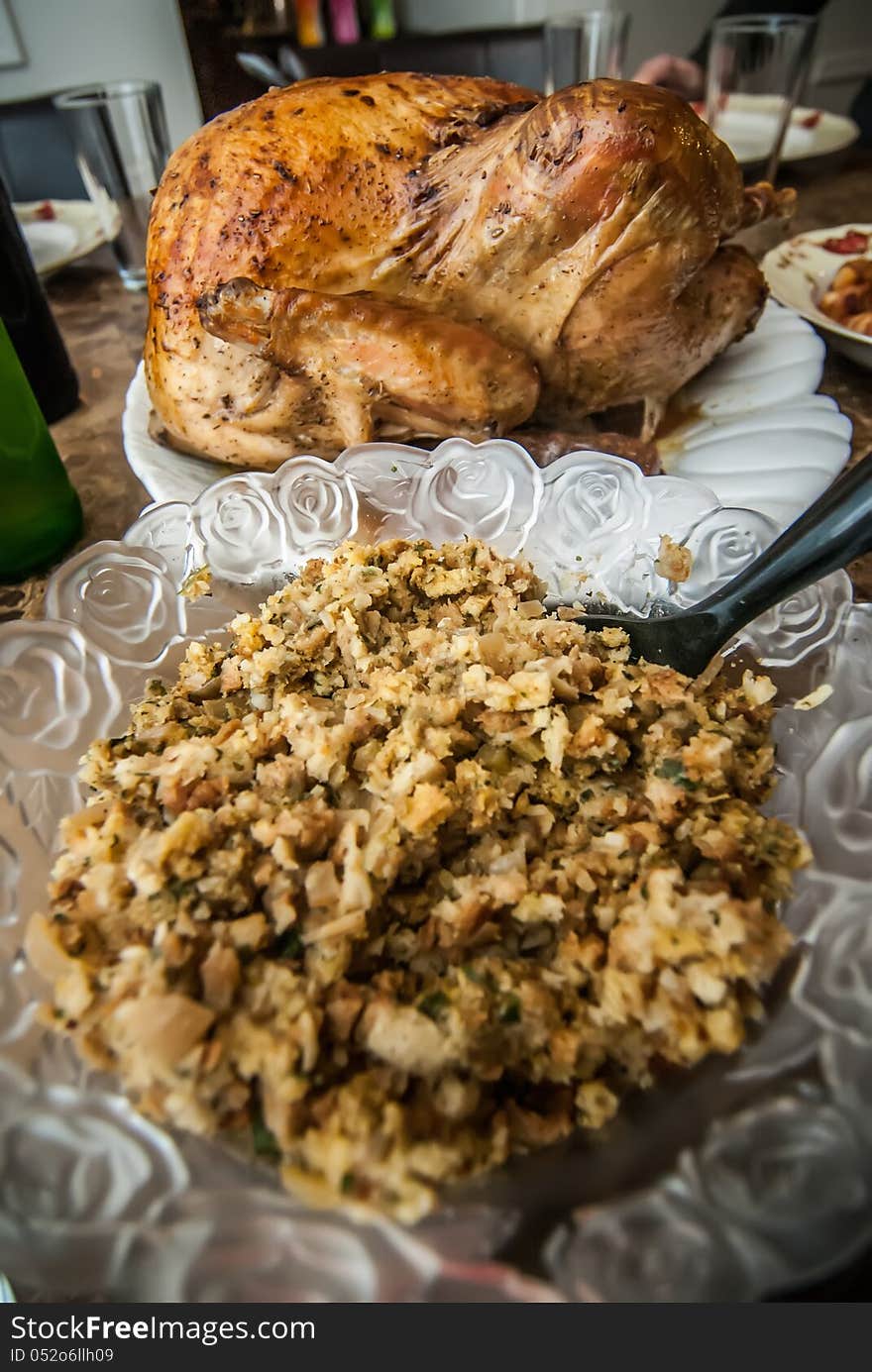 Thanksgiving turkey dinner set on table with stuffing