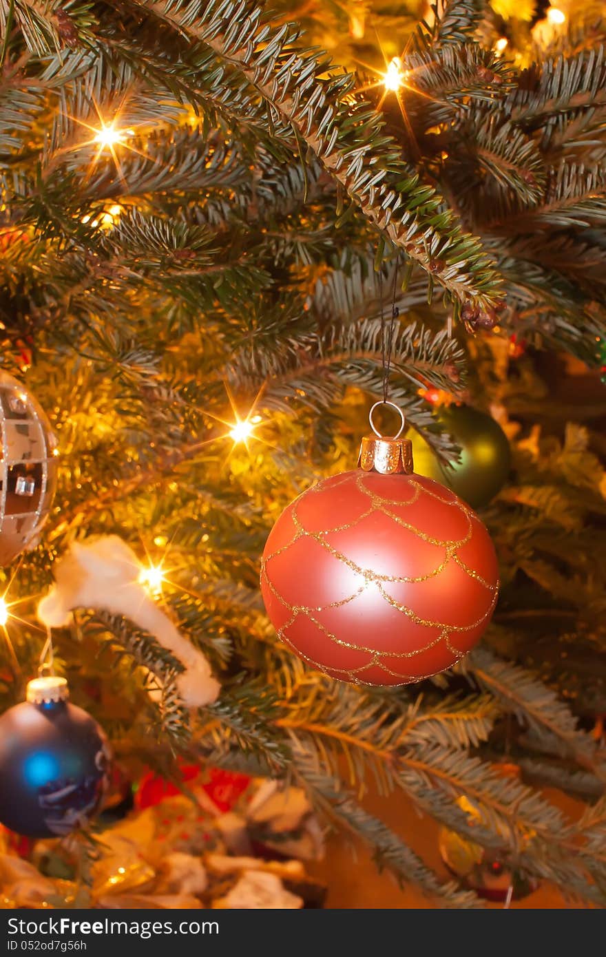 Christmas tree ornaments on Christmas tree, closeup