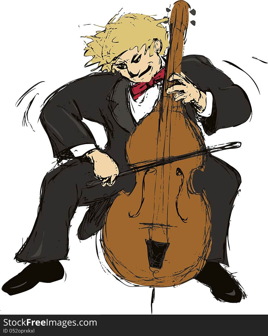 Man playing music on cello, or bass fiddle, passionate and wearing a tuxedo with bow tie. Man playing music on cello, or bass fiddle, passionate and wearing a tuxedo with bow tie.