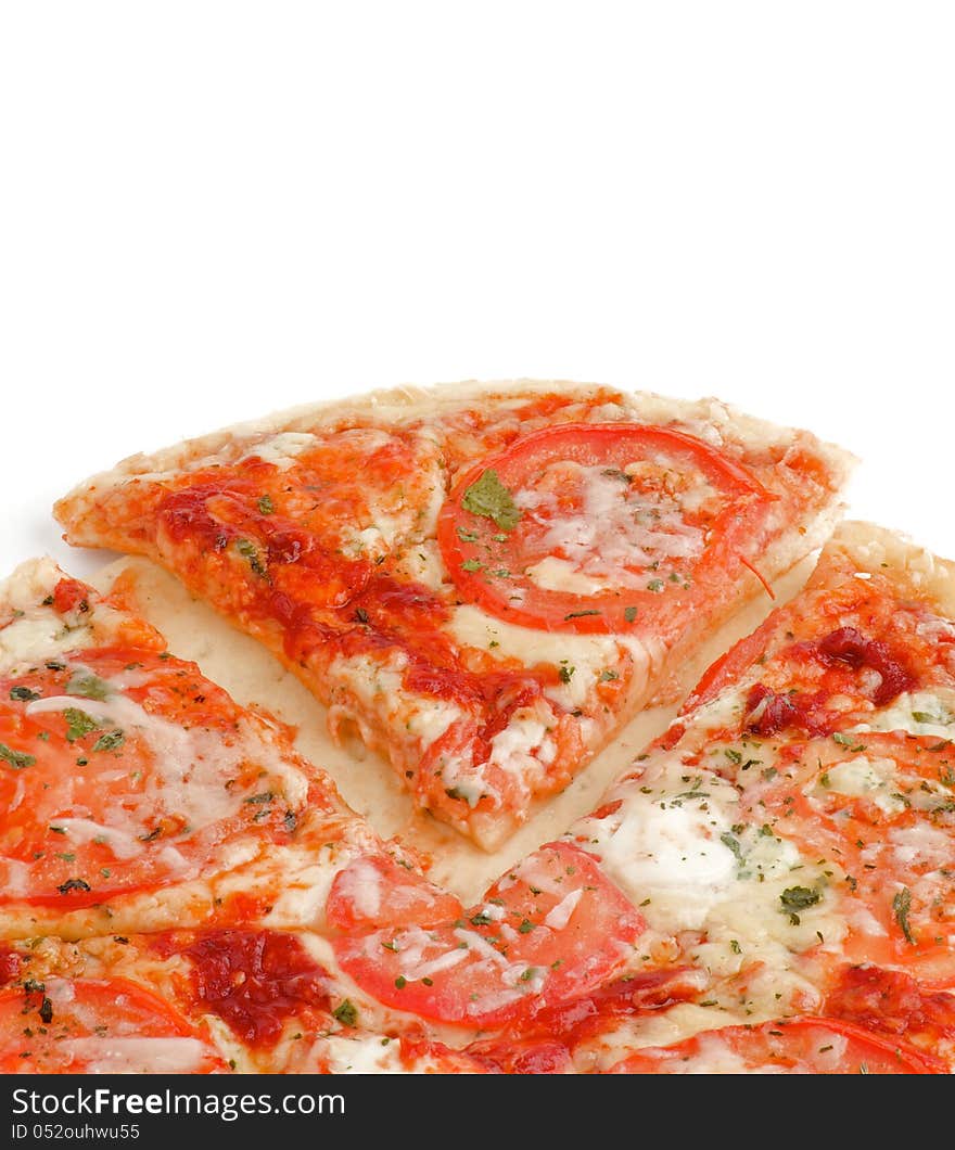 Piece of and Whole Cheese Pizza with Tomatoes and Greens closeup on white background