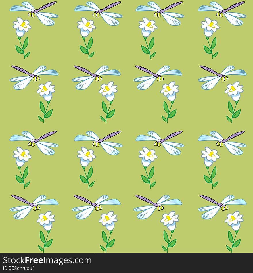 The illustration shows the pattern of white flowers and dragonflies on a green background. Illustration done on separate layers in a cartoon style. The illustration shows the pattern of white flowers and dragonflies on a green background. Illustration done on separate layers in a cartoon style.