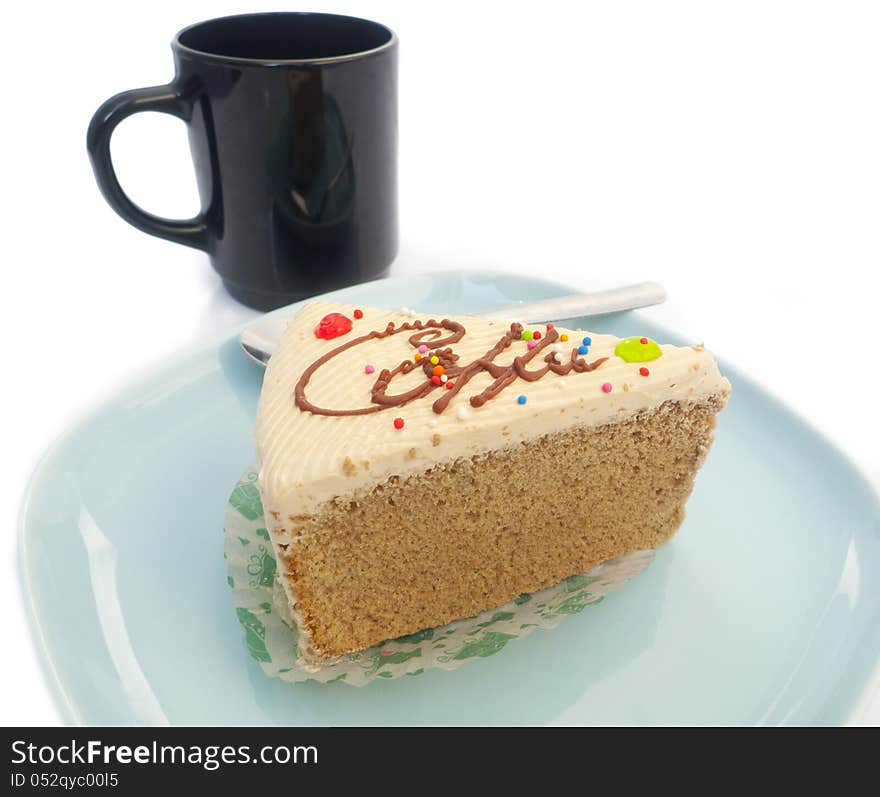 Coffee cake and cup on white background