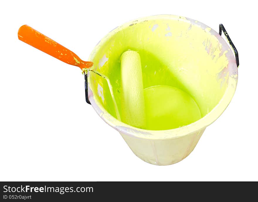 Paint-roller and Paint bucket with paint on a white background