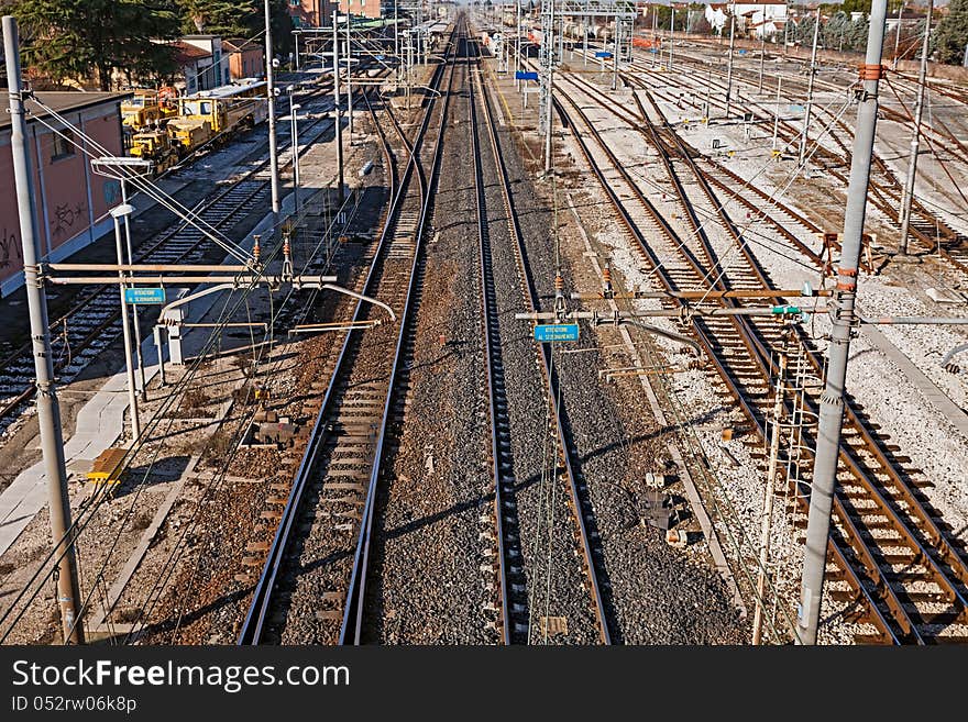 Railroad rail yard with points and electric line -  rails terminal of the italian railway