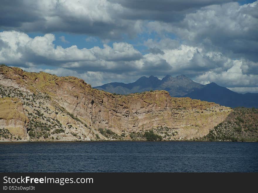 Summer monsoon clouds building over Saguaro Lake and Four Peaks Arizona. Summer monsoon clouds building over Saguaro Lake and Four Peaks Arizona.