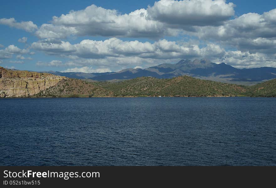 Summer monsoon clouds building over Saguaro Lake and Four Peaks Arizona. Summer monsoon clouds building over Saguaro Lake and Four Peaks Arizona.