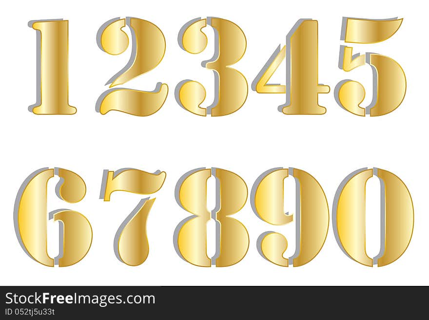 A set of golden numbers using a stencil font with shadows. A set of golden numbers using a stencil font with shadows