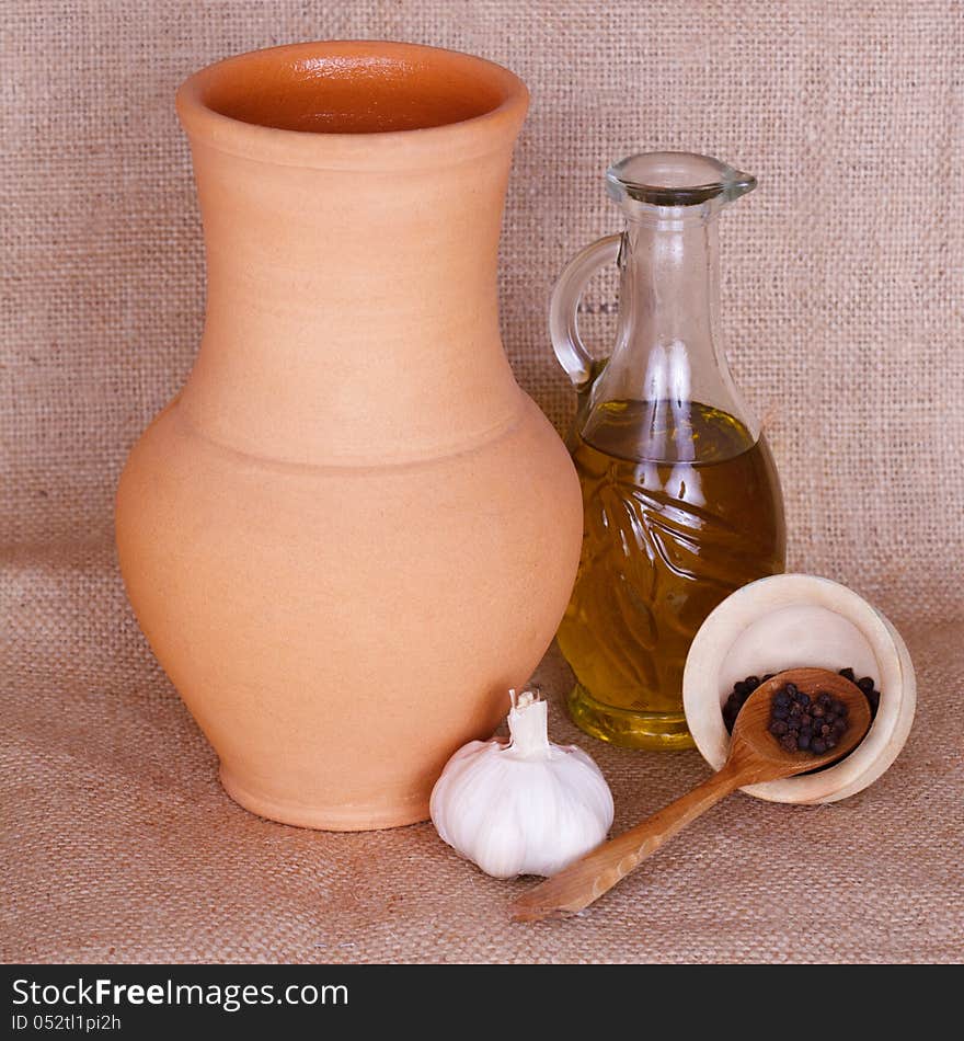 Spices, oil and pitcher