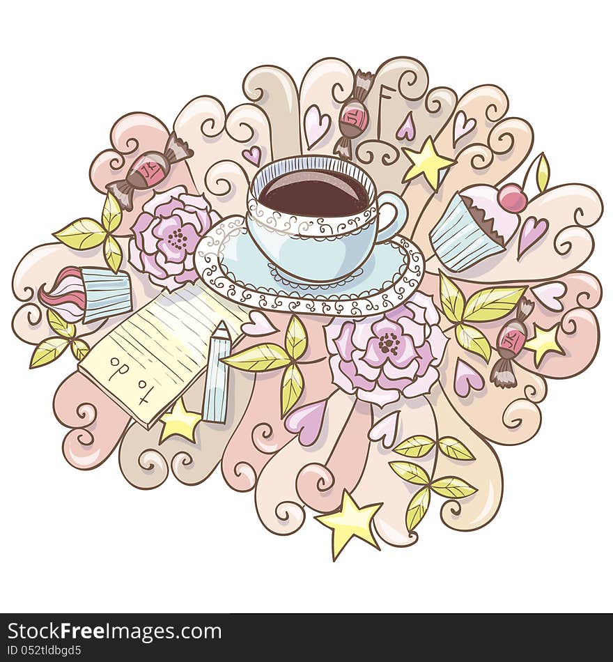 Vector bright pink illustration with coffee and flowers. Vector bright pink illustration with coffee and flowers