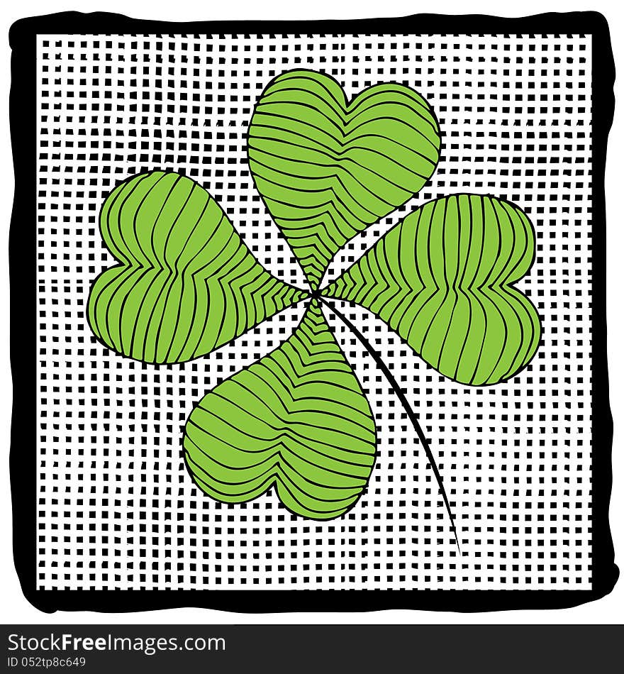 Green clover on pattern background with black frame