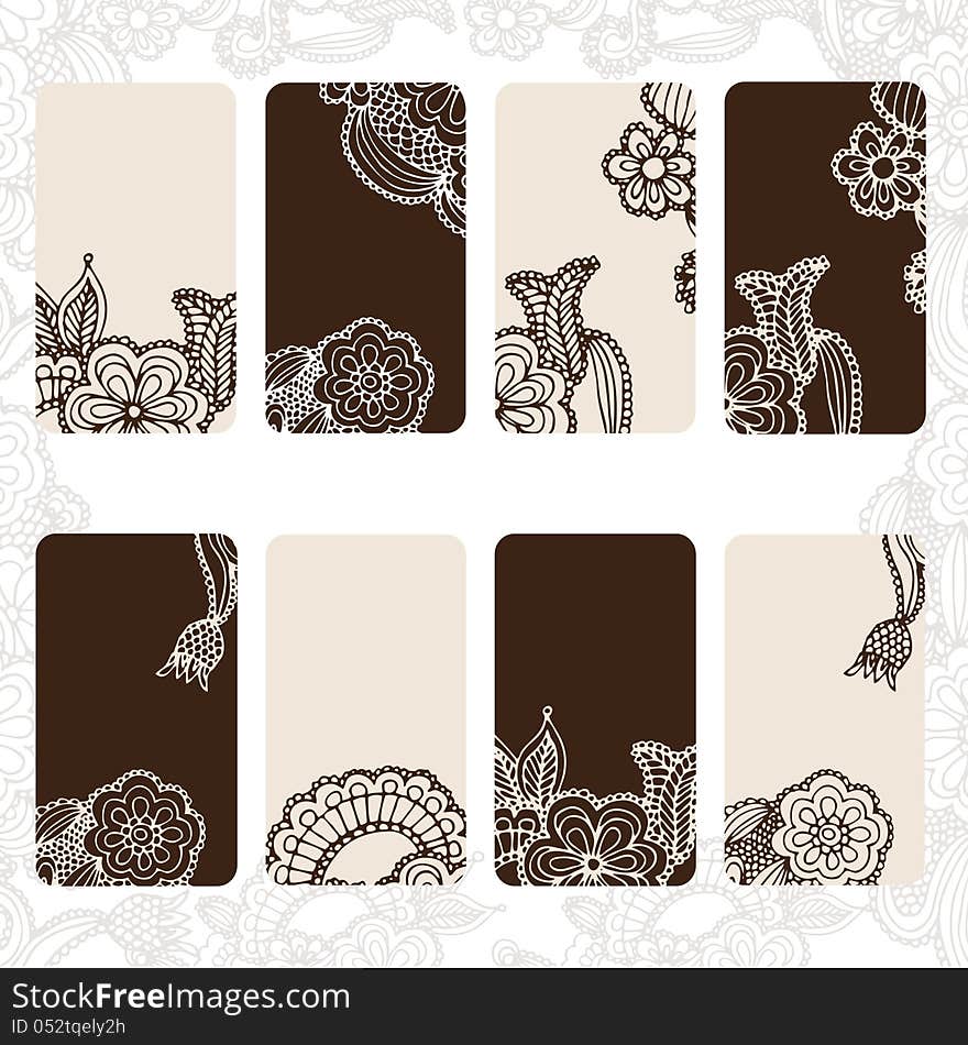 Ornamental floral card set- eight different cards on white background with floral design