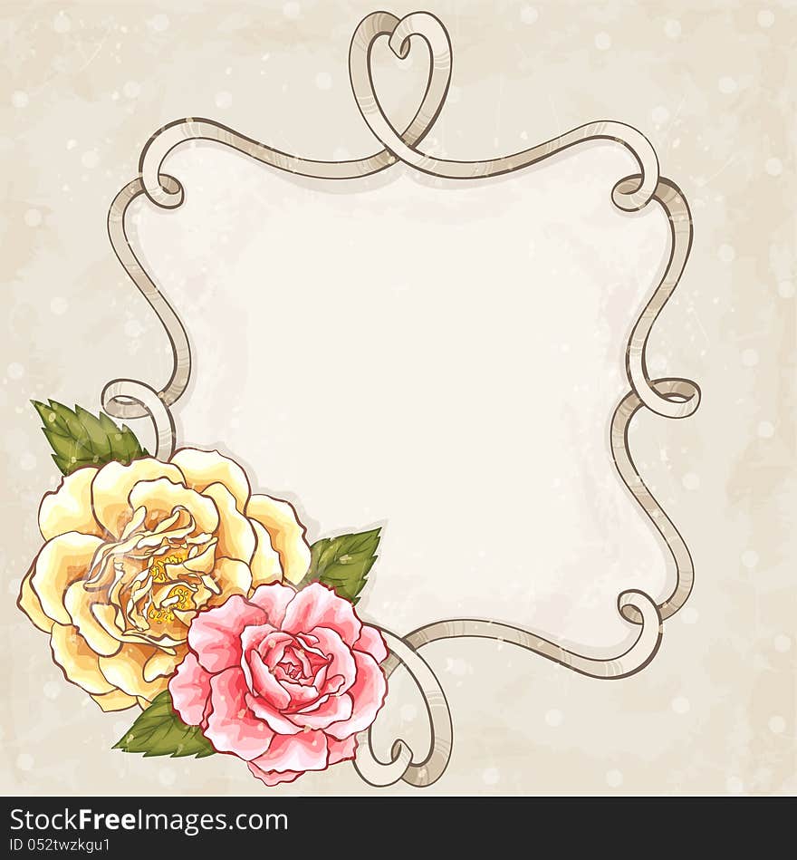 Garden roses and ribbon frame. Garden roses and ribbon frame