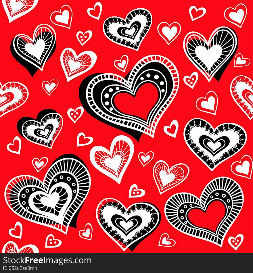 Red pattern with hearts. You can use it for packaging design, textile design and scrapbooking. Red pattern with hearts. You can use it for packaging design, textile design and scrapbooking.