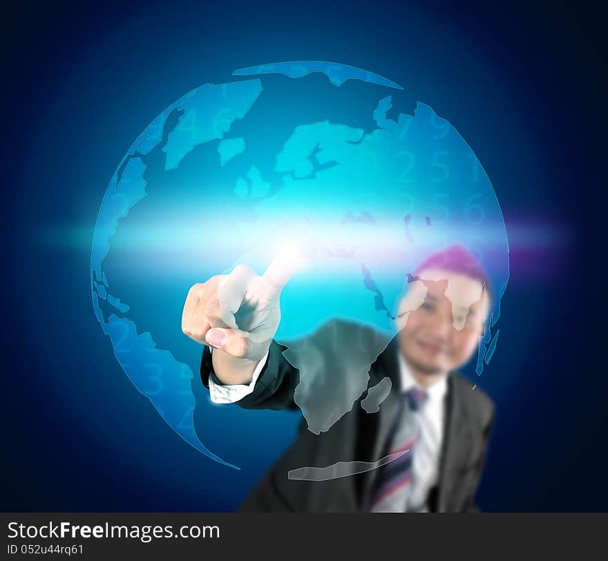 Business man touching the world with light