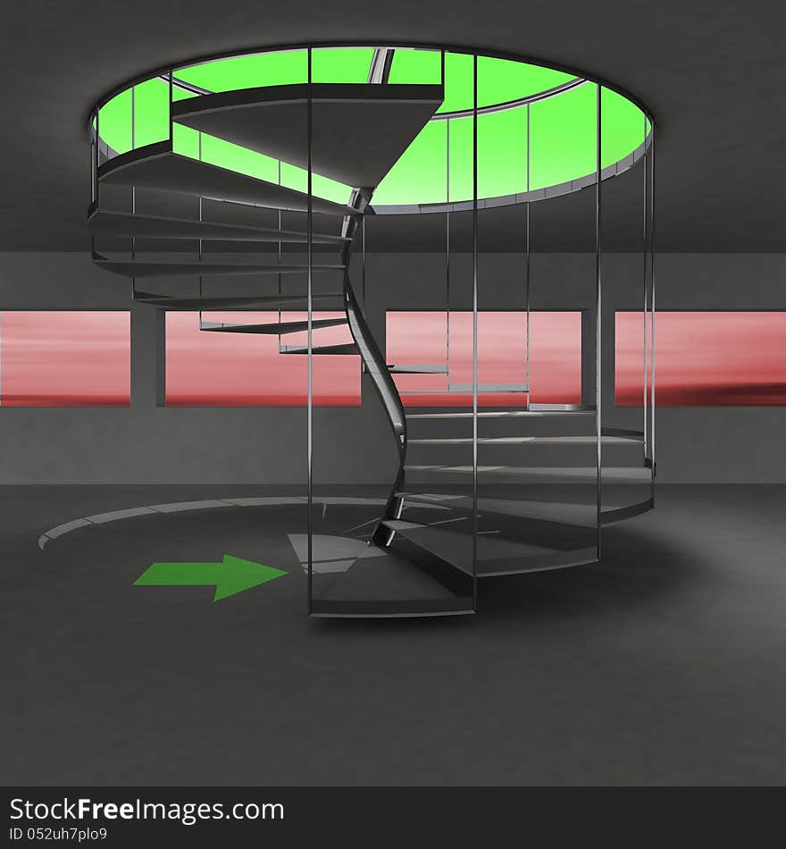 Spiral Staircase With Green Arrow Direction To Ecology