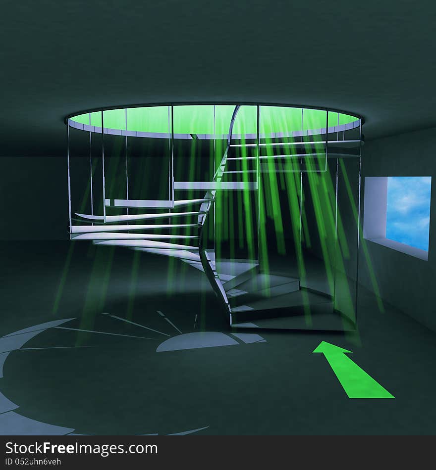 Spiral staircase with green holy beam and arrow direction