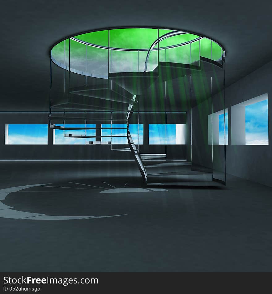 Spiral staircase with green holy flare inside illustration