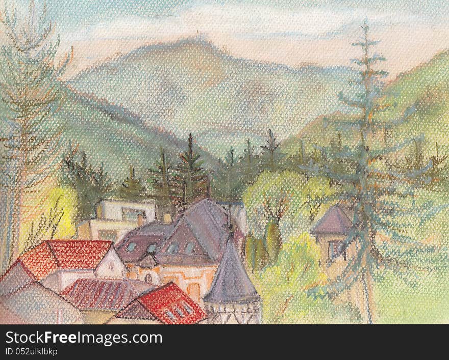 View on mountains, wood and roofs of houses. View on mountains, wood and roofs of houses