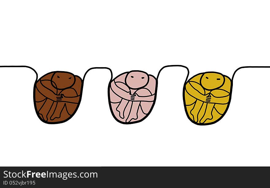 3 persons of 3 different human race in same cells, like seeds in the ground. 3 persons of 3 different human race in same cells, like seeds in the ground