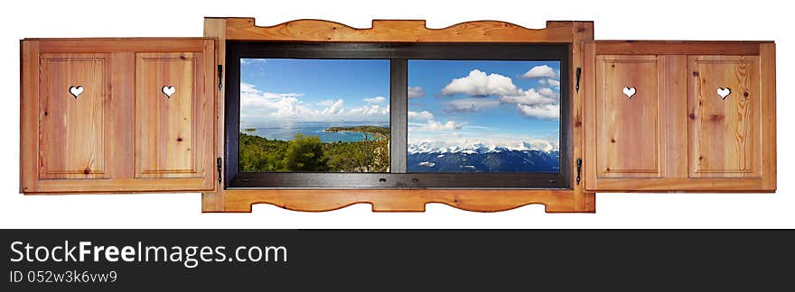 Opened wooden window with a view of the sea and the mountains, isolated on white background. Opened wooden window with a view of the sea and the mountains, isolated on white background