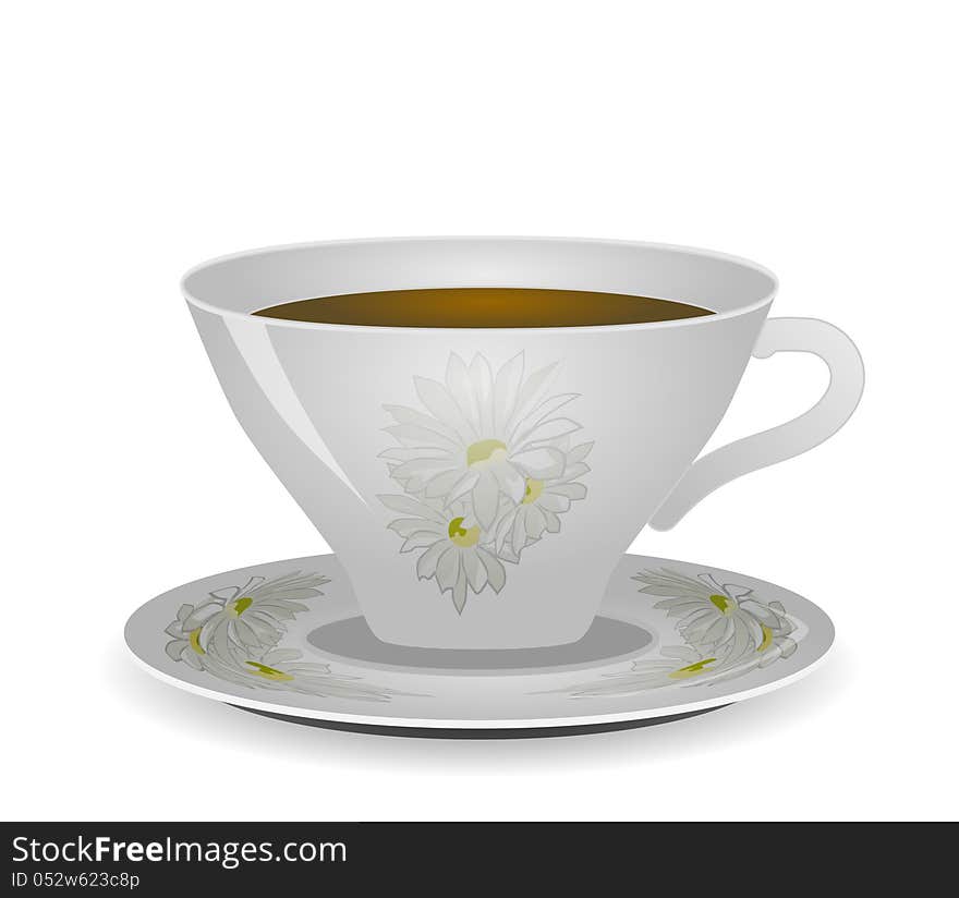 White with a twig pattern coffee cup and saucer on white vector. White with a twig pattern coffee cup and saucer on white vector