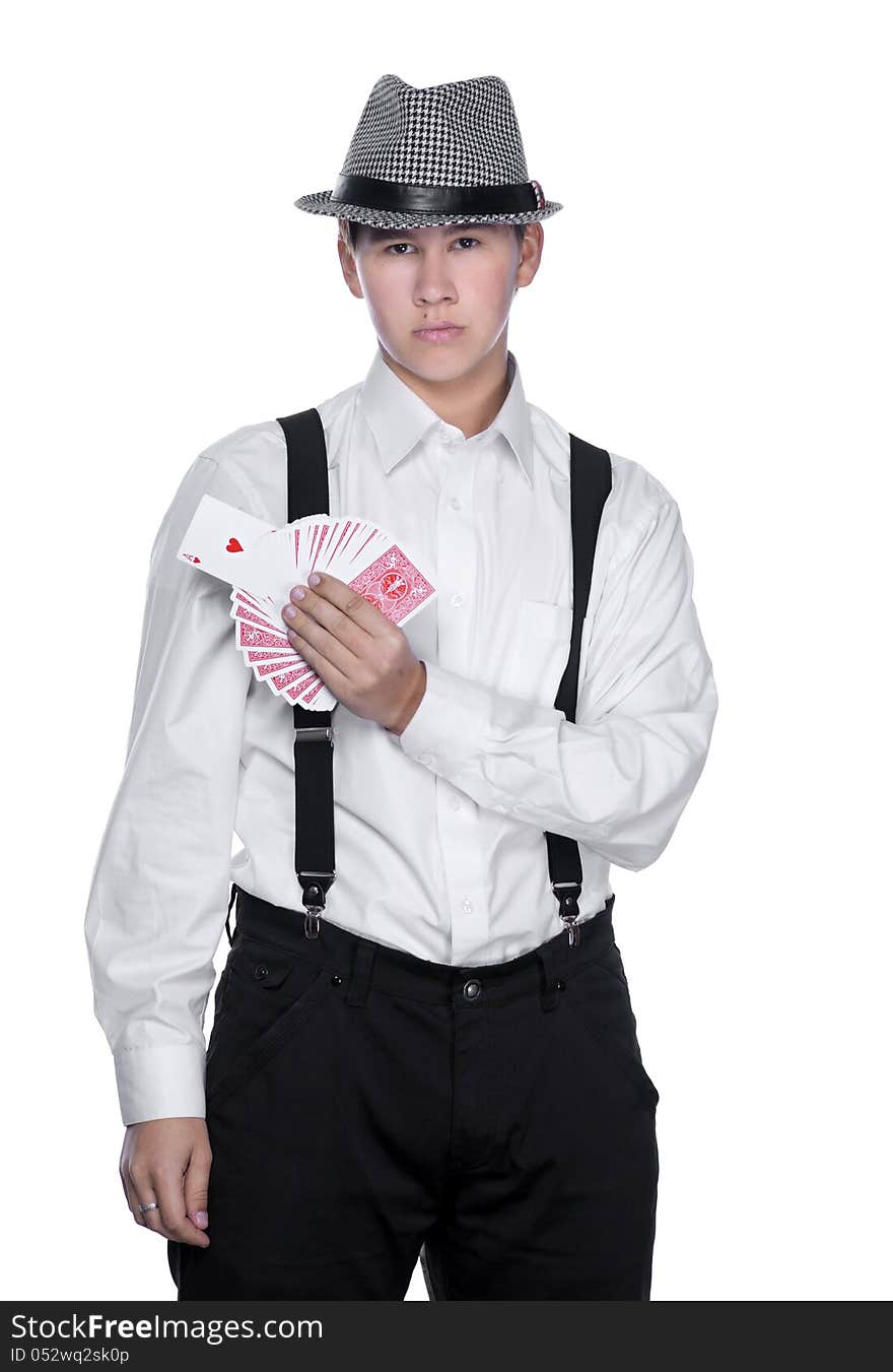 Young man in hat holding cards on a white background. Young man in hat holding cards on a white background