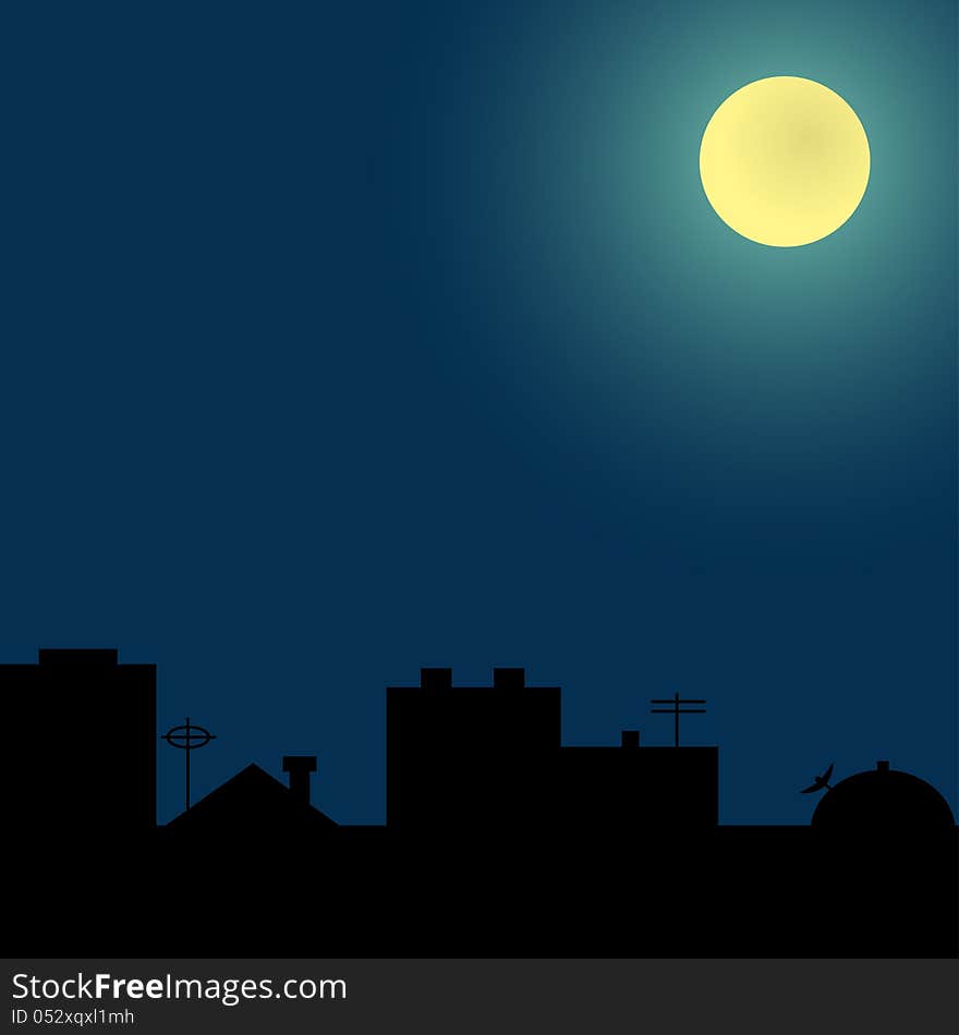 Background with silhouettes of roofs under the full moon