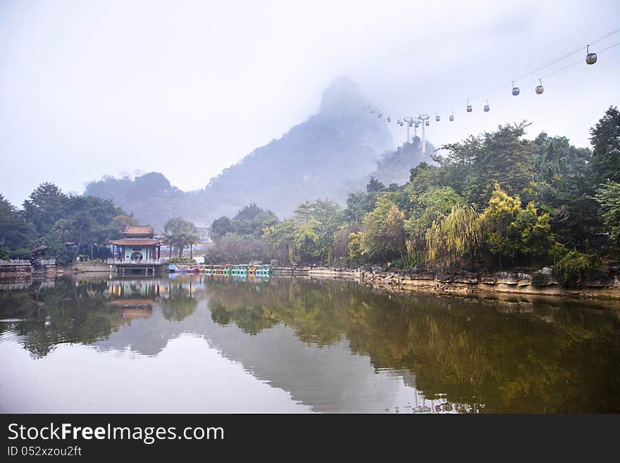 Misty lake in park