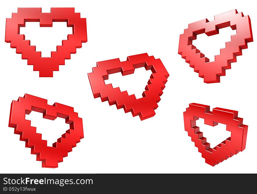 5 Red Hearts in the style of 8 bit pixelated graphics. High Resolution 3D clip art. Glossy with edge highlights. 5 Red Hearts in the style of 8 bit pixelated graphics. High Resolution 3D clip art. Glossy with edge highlights.