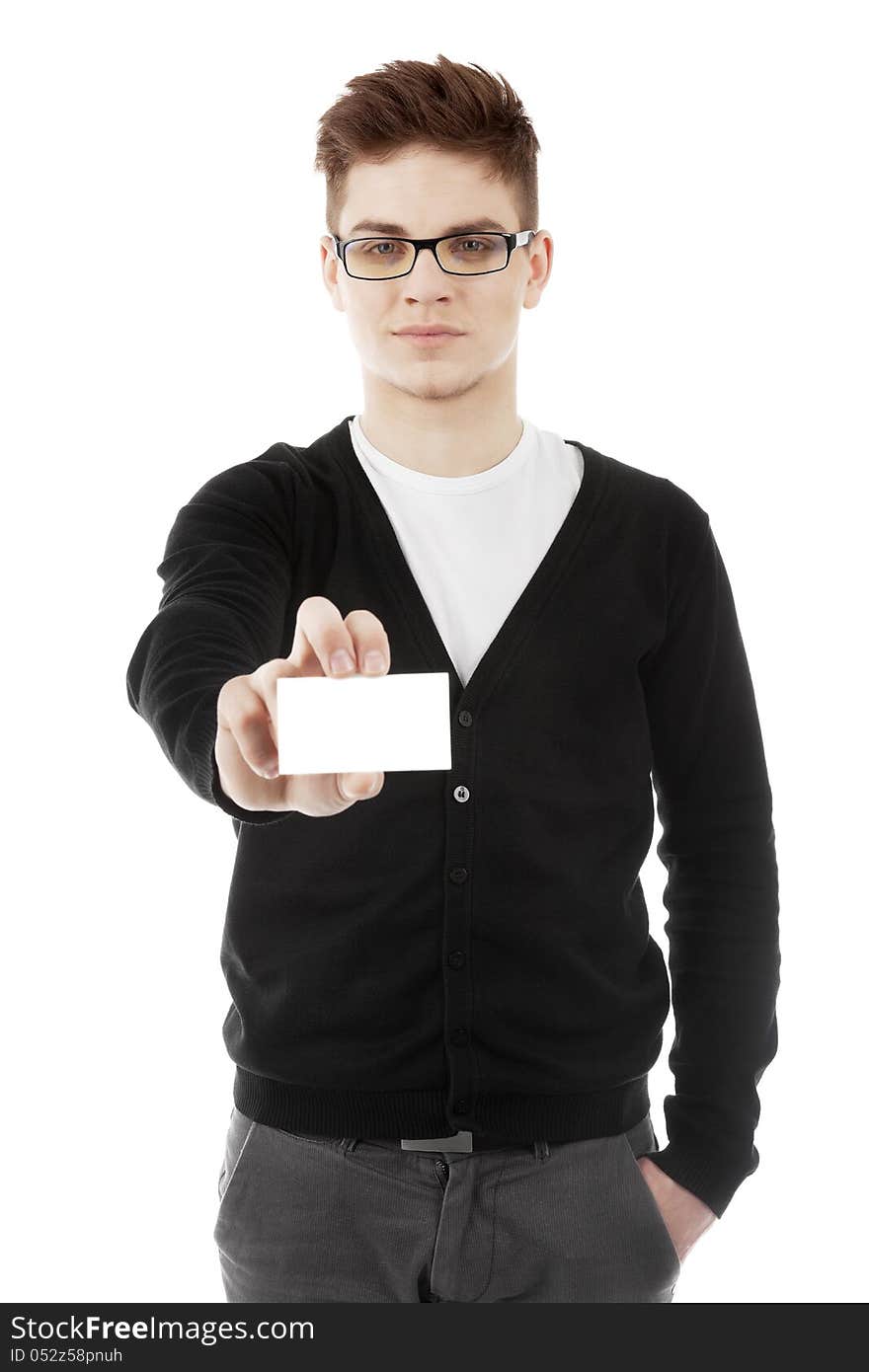 Image of a man showing business card in hand