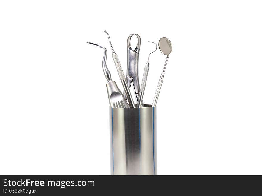 Set of metal medical equipment tools for teeth dental care. Set of metal medical equipment tools for teeth dental care