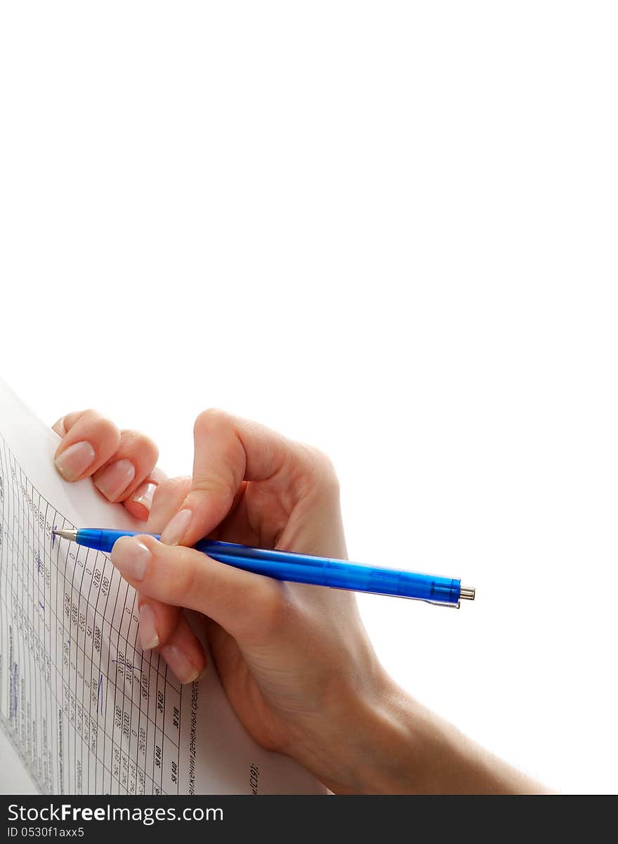 Female Writing Notes in Report closeup on white background