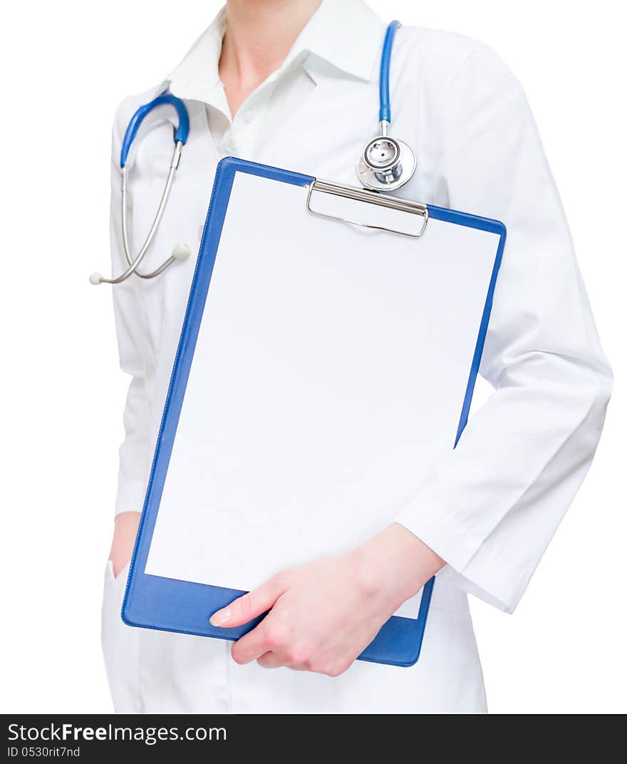 Medical female doctor holding blank billboard isolated on white. Medical female doctor holding blank billboard isolated on white
