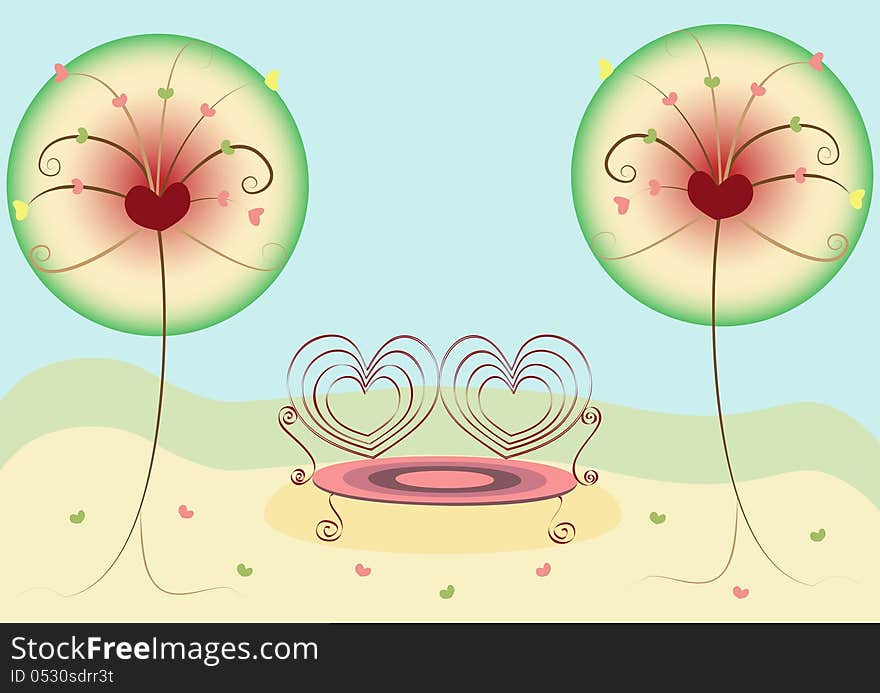 Illustration of heart shaped benchand stylized trees. Illustration of heart shaped benchand stylized trees