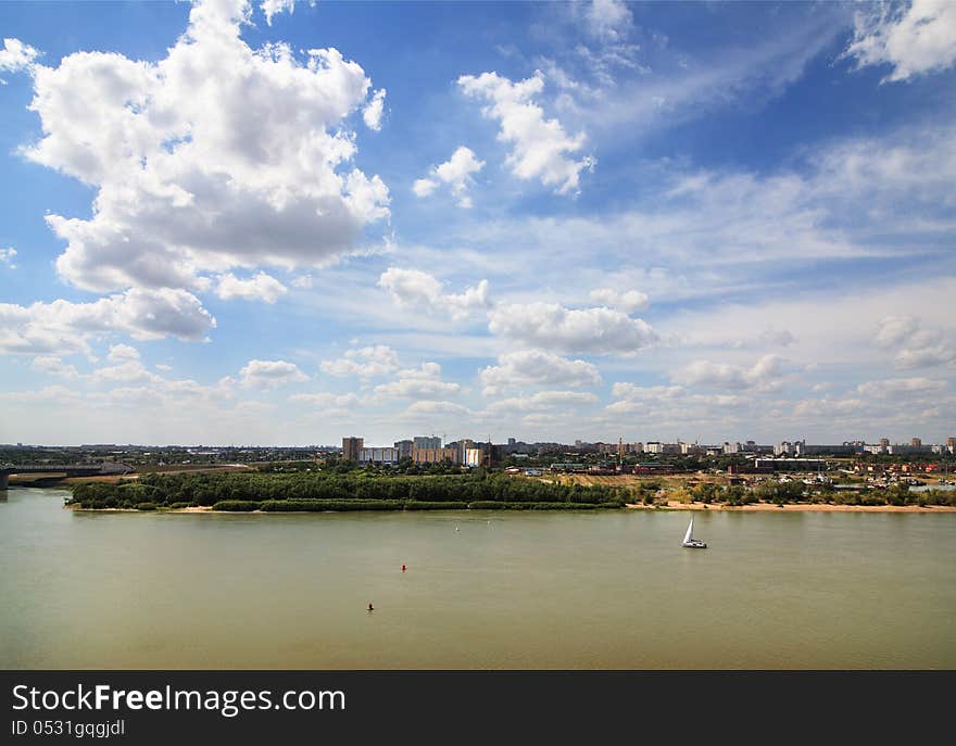 Summer urban landscape with clouds. Omsk. Russia.