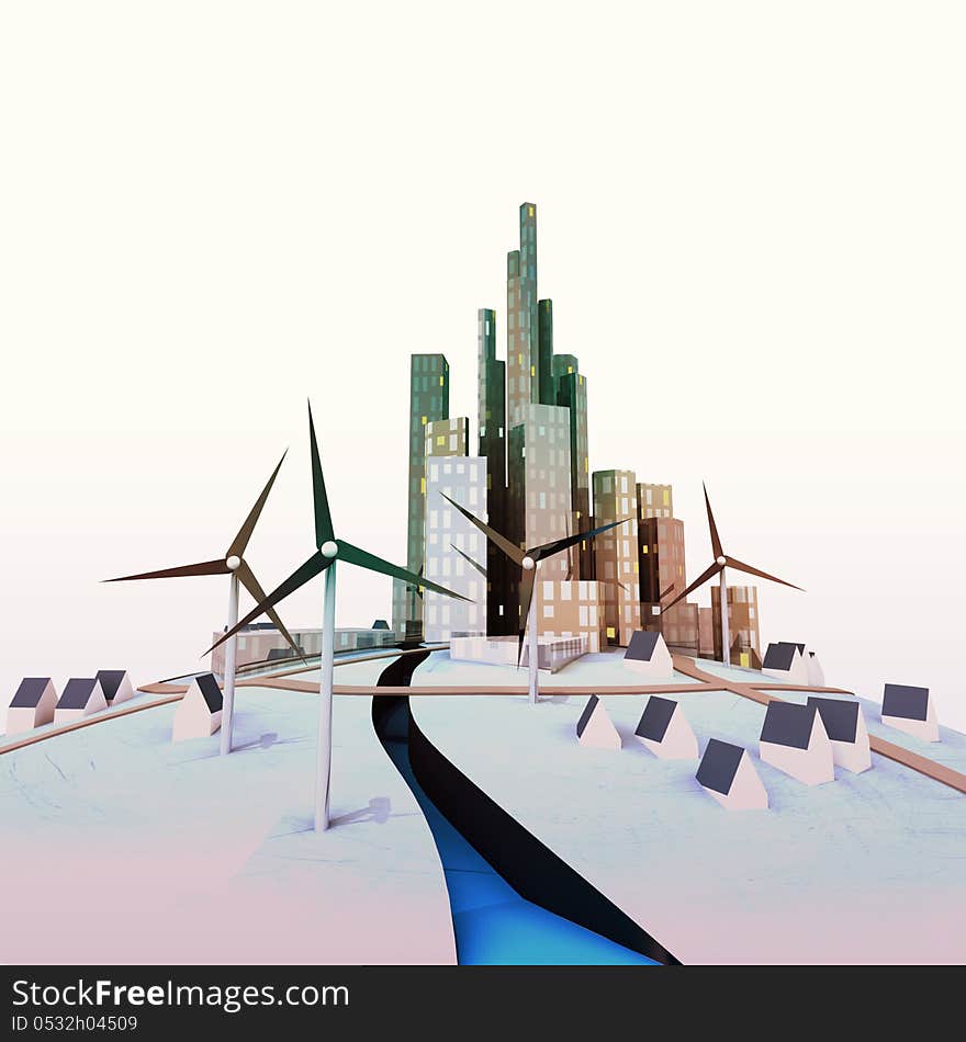 Isolated modern cityscape with windmills and river