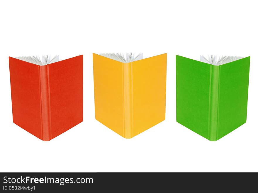 Disclosed colorful books, standing on a white background. Disclosed colorful books, standing on a white background