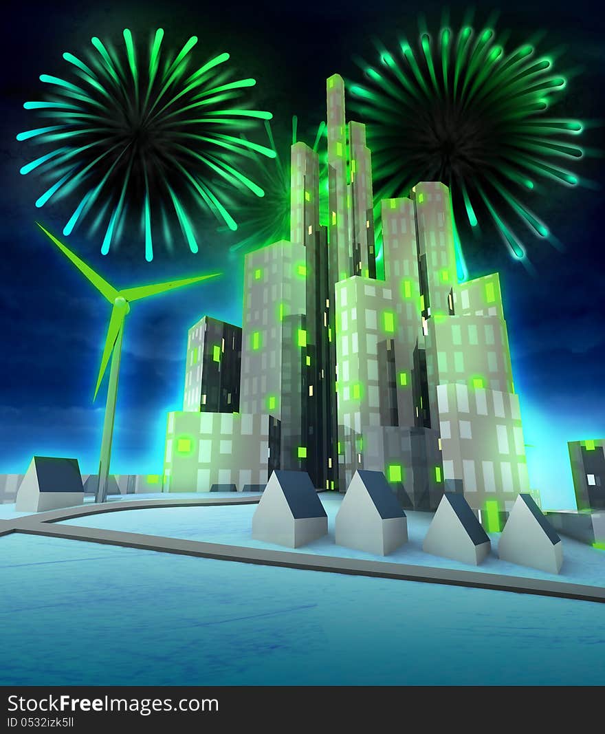 Green energy firework celebration above modern city