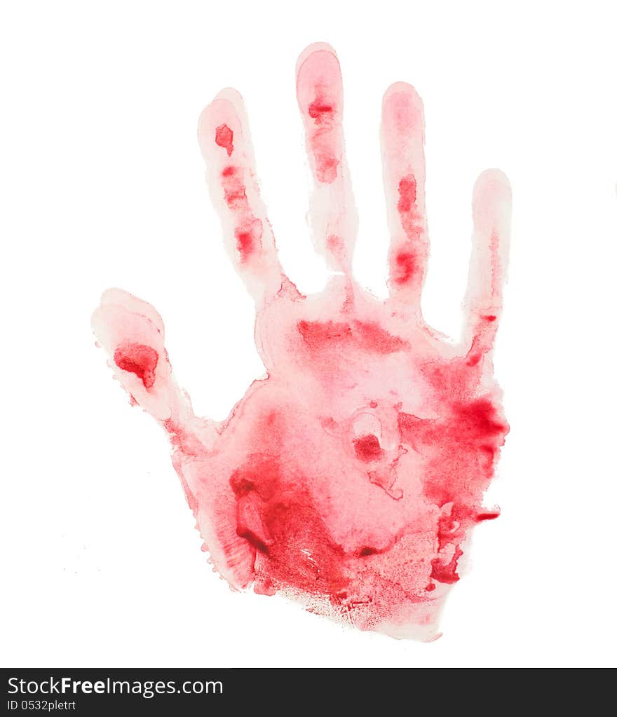 A bloody handprint isolated on white.