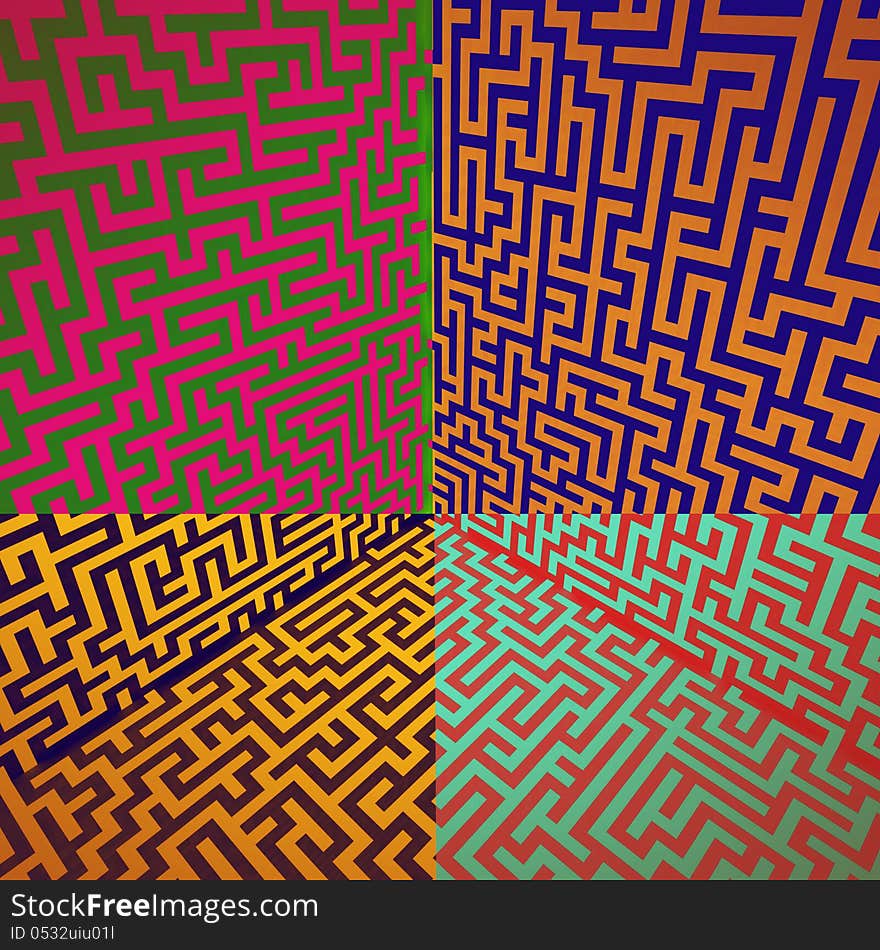 Warm colors shaded three dimensional maze box illustration