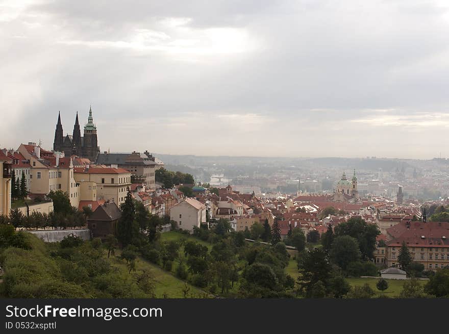 Beautiful high-view of cloudy Prague cityscape. Beautiful high-view of cloudy Prague cityscape