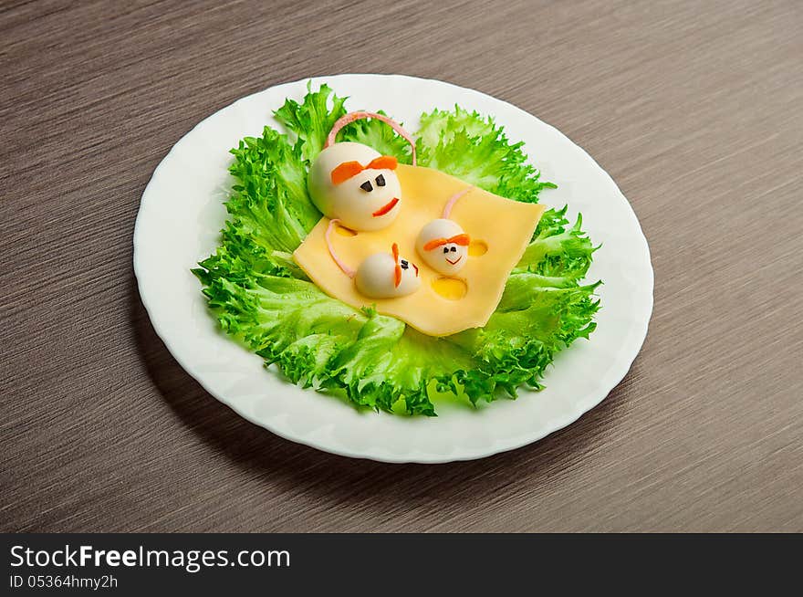 Design of food for children. eggs in the shape of a mouse