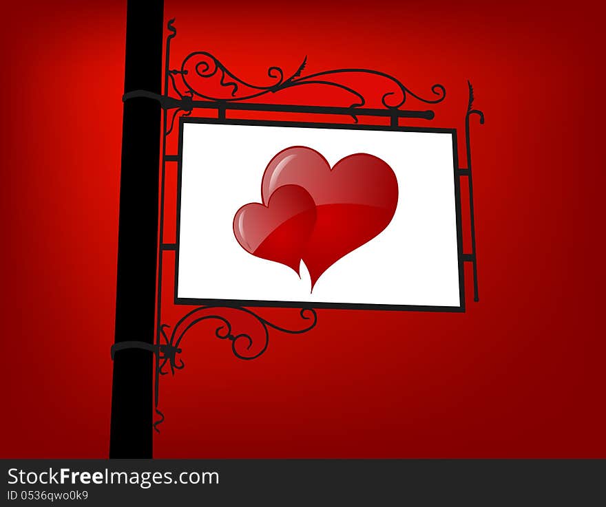 Retro signboard with red hearts, symbol of love. Retro signboard with red hearts, symbol of love