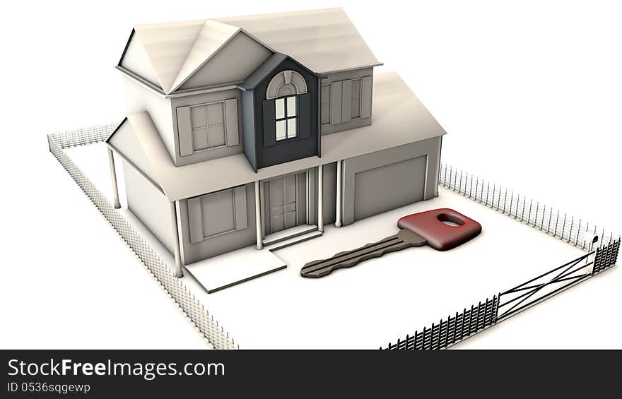 3d house and key and isolated background. 3d house and key and isolated background