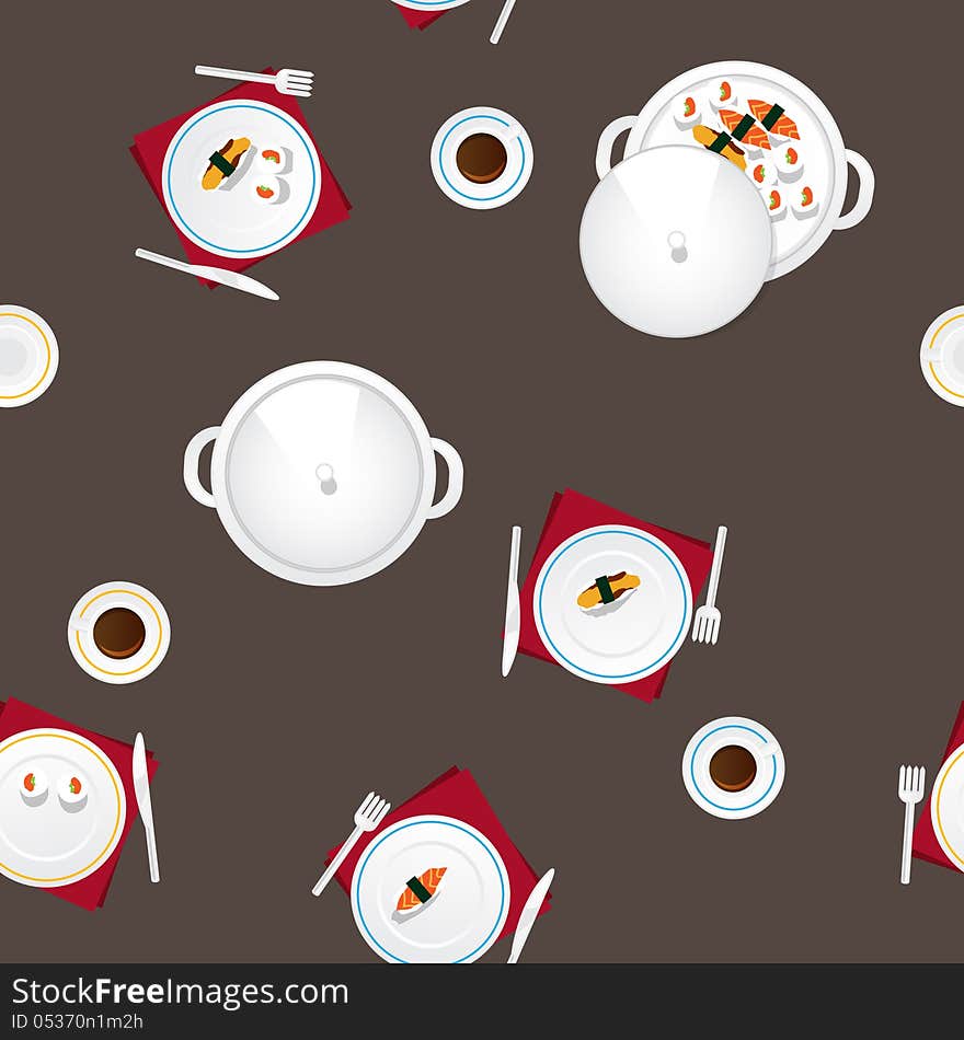 Covered table with cutlery, cup tea and japanese food. Feast. Vector pattern. Covered table with cutlery, cup tea and japanese food. Feast. Vector pattern.