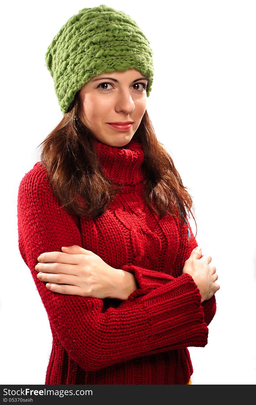 Attractive young caucasian woman in red sweater on white background. Attractive young caucasian woman in red sweater on white background